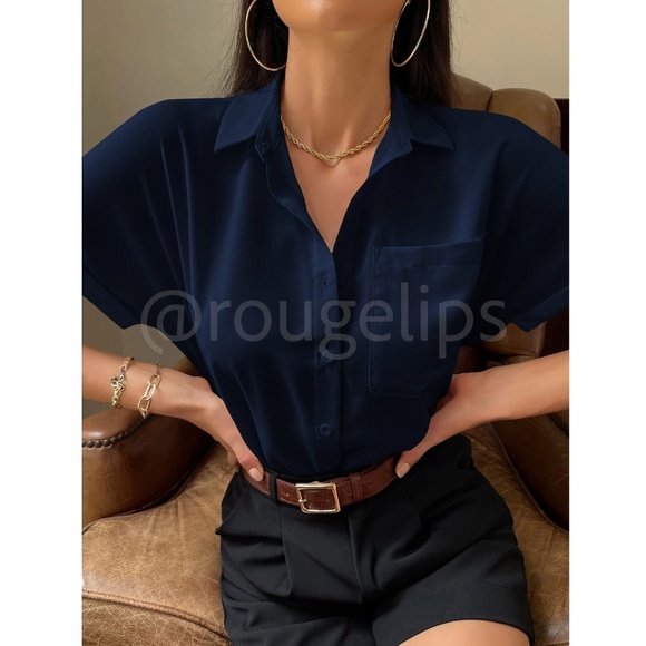 Navy Blue Casual Button Up / Down Shirt Collar, V-Neck Button Front - Picture 6 of 13